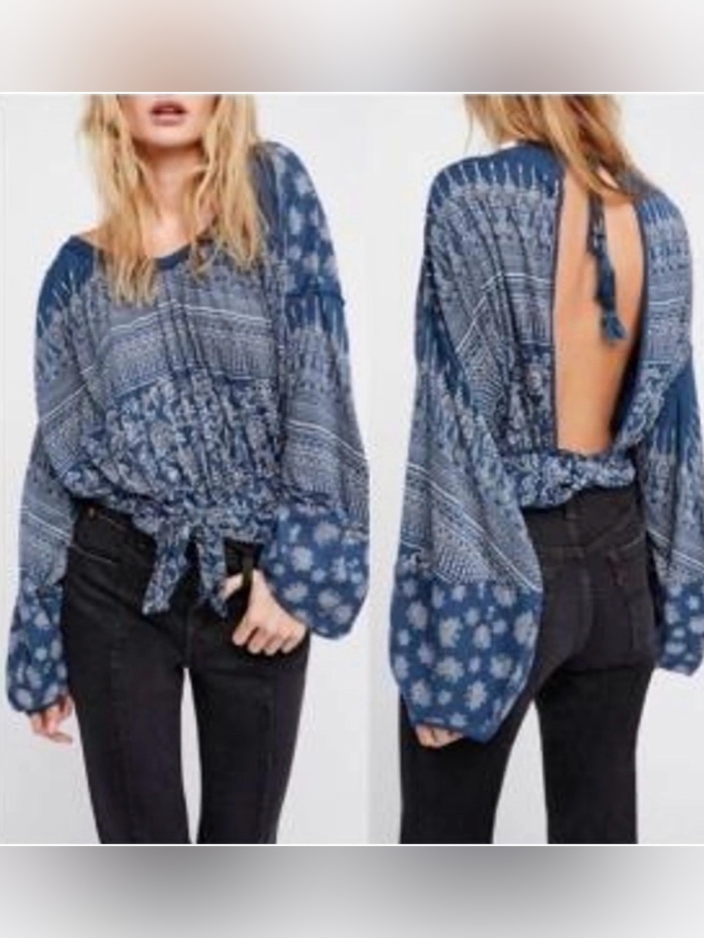 Free People Boho weekend warrior Blouse blue open back long sleeve oversized med - Picture 2 of 13